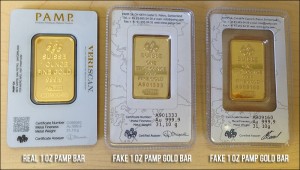 2 counterfeit PAMP Suisse gold bars and 1 real one