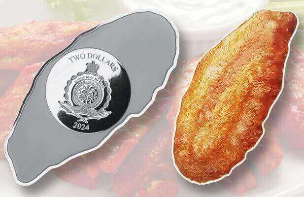 this collectible 99.9% pure silver coin is shaped and colored like a real edible buffalo wing