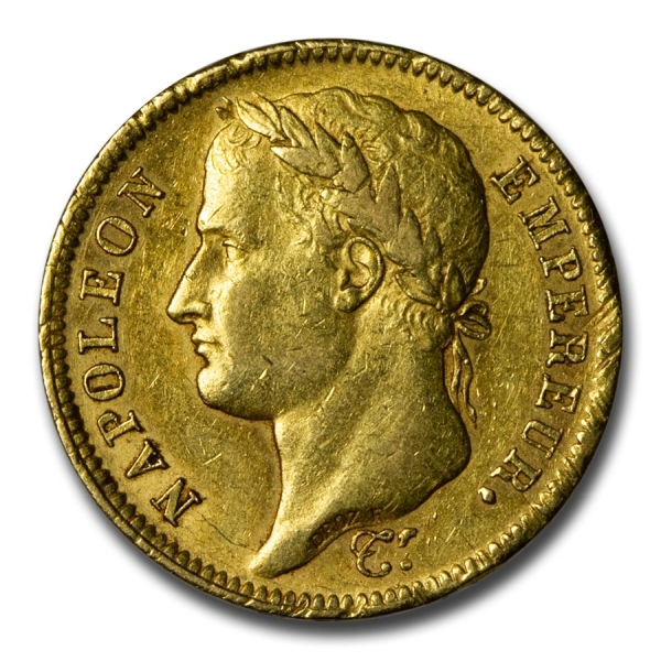 portrait of Napoleon Bonaparte on the obverse side of the 40 Franc Napoleon d'or gold coins