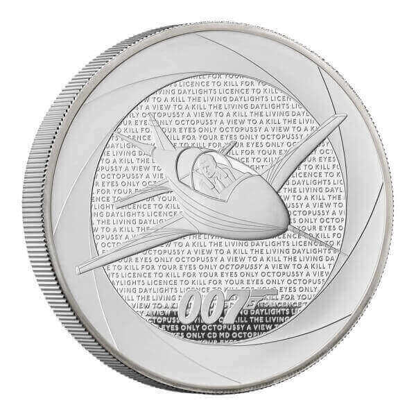 reverse side of the proof 5oz silver version of the 1980s James Bond bullion coins