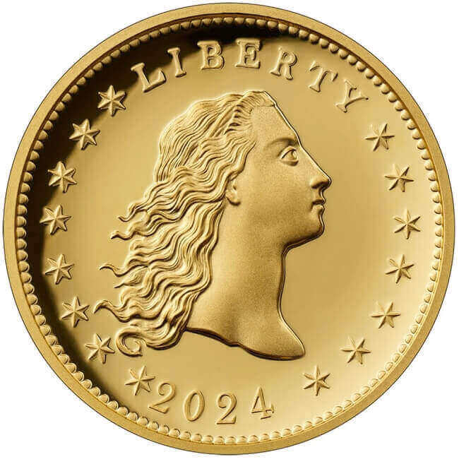 the 2024 Flowing Hair Gold Dollar commemorates the 230th anniversary of the original Silver Flowing Hair Dollar